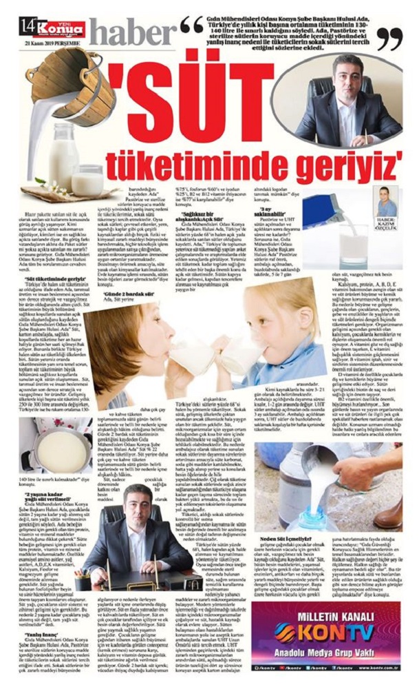 YENİ KONYA GAZETESİ SÜT TÜKETİMİNDE GERİYİZ21 KASIM 2019