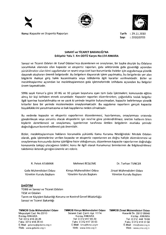 KURUMLARA GÖNDERİLEN İSTİHDAM VE KAPASİTE VE EKSPERTİZ RAPORLARI KONULU RESMİ YAZILARIMIZ