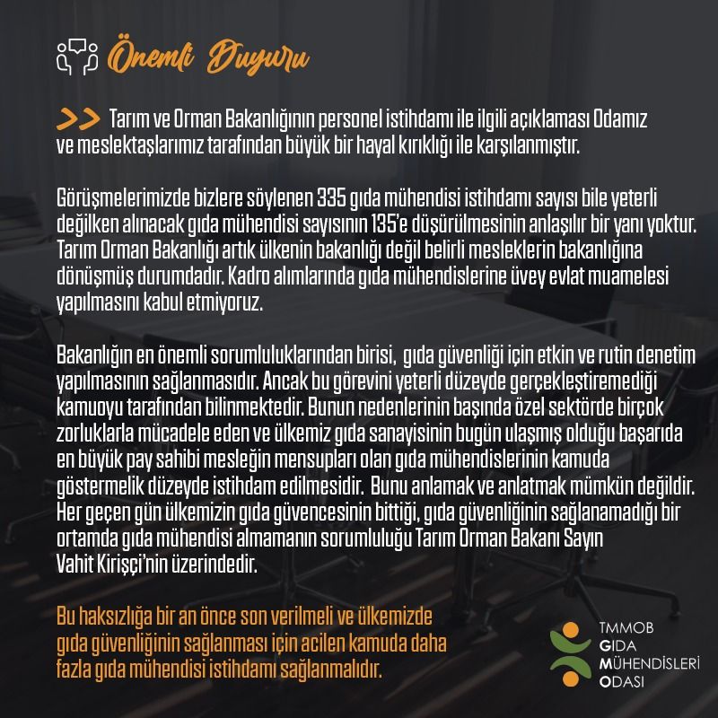 TARIM ORMAN BAKANLIĞI`NA GIDA MÜHENDİSİ İSTİHDAMI HAKKINDA ÖNEMLİ DUYURU