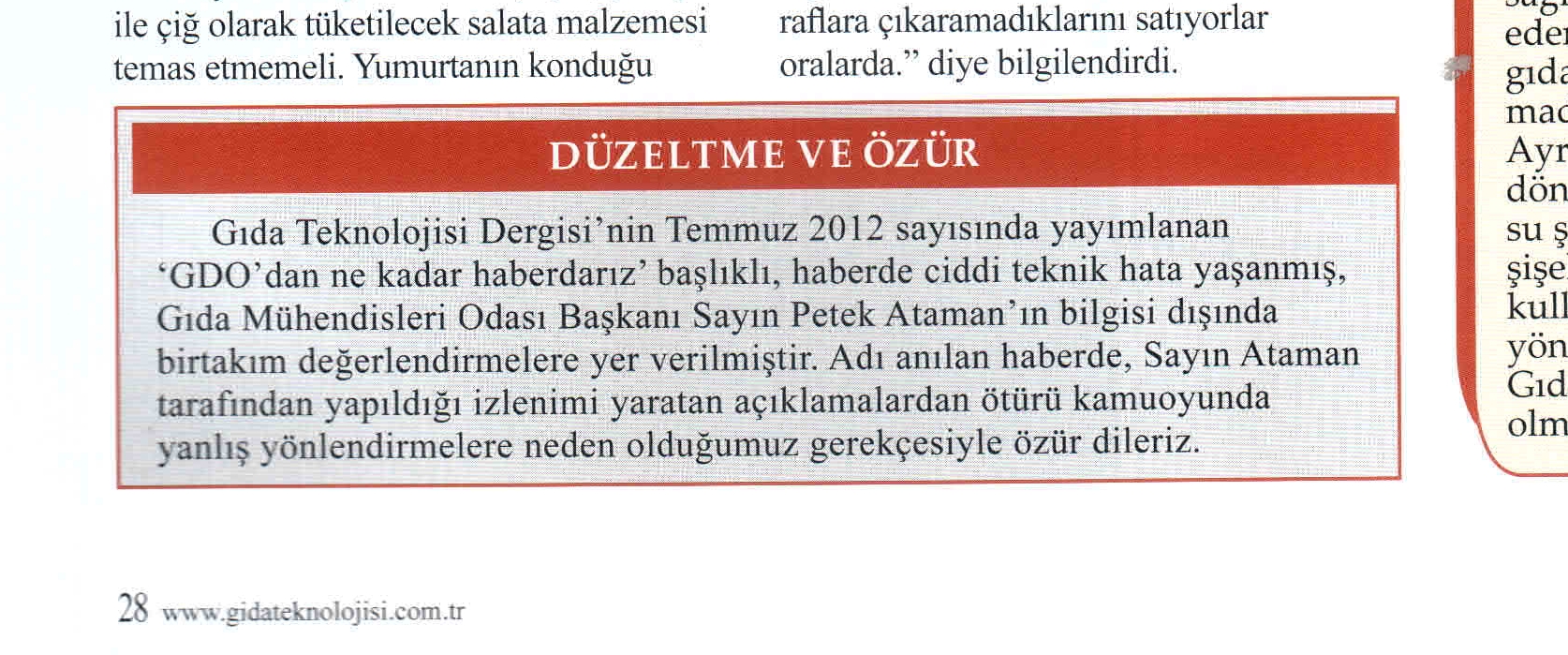 GIDA TEKNOLOJİSİ DERGİSİ HABER DÜZELTMESİ