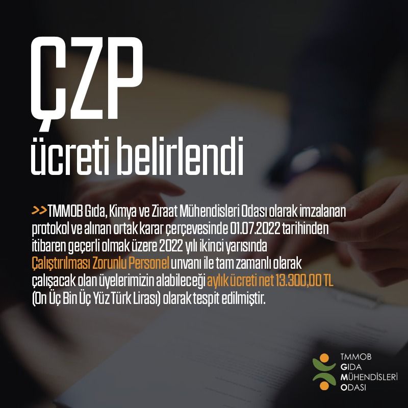 2022 YILI İKİNCİ YARISI İÇİN ÇALIŞTIRILMASI ZORUNLU PERSONEL ÇZP ÜCRETİ BELİRLENDİAYRICA TMMOB TARAFINDAN BU UNVAN HARİCİNDE ÇALIŞAN MÜHENDİS MİMAR VE ŞEHİR PLANCILARININ DA ÜCRETLERİ BELİRLENDİ