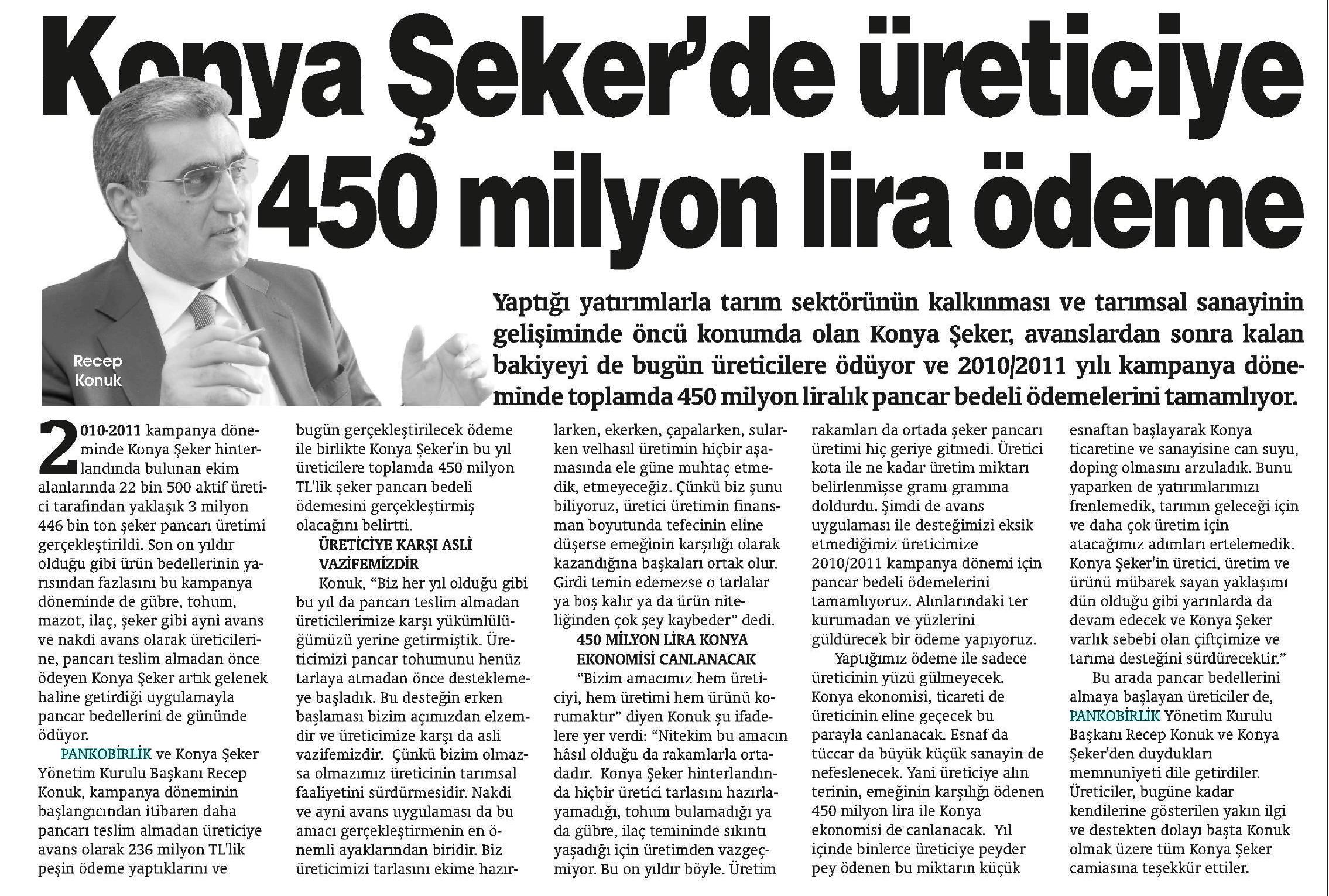 KONYA ŞEKER ` DE ÜRETİCİYE 450 MİLYON LİRA ÖDEME