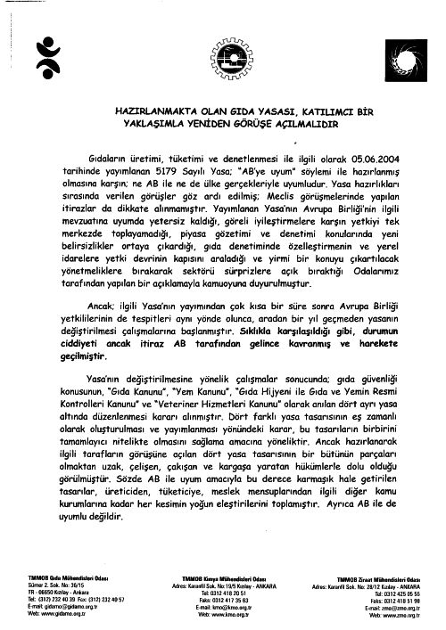 HAZIRLANMAKTA OLAN GIDA YASASI KATILIMCI BİR YAKLAŞIMLA YENİDEN GÖRÜŞE AÇILMALIDIRSAYFALAR: 