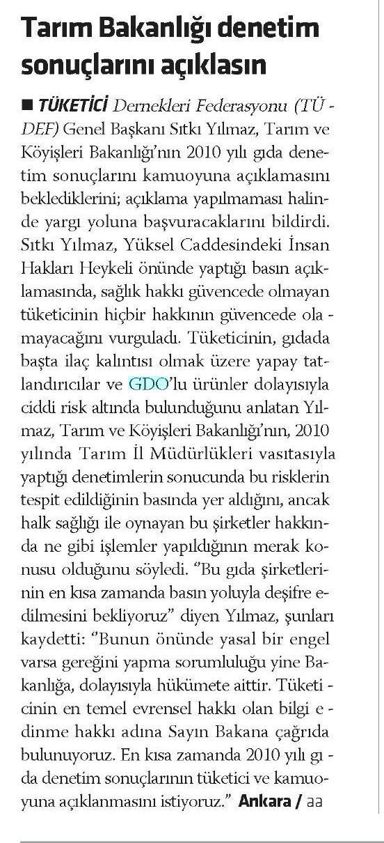 TARIM BAKANLIĞI DENETİM SONUÇLARINI AÇIKLASIN